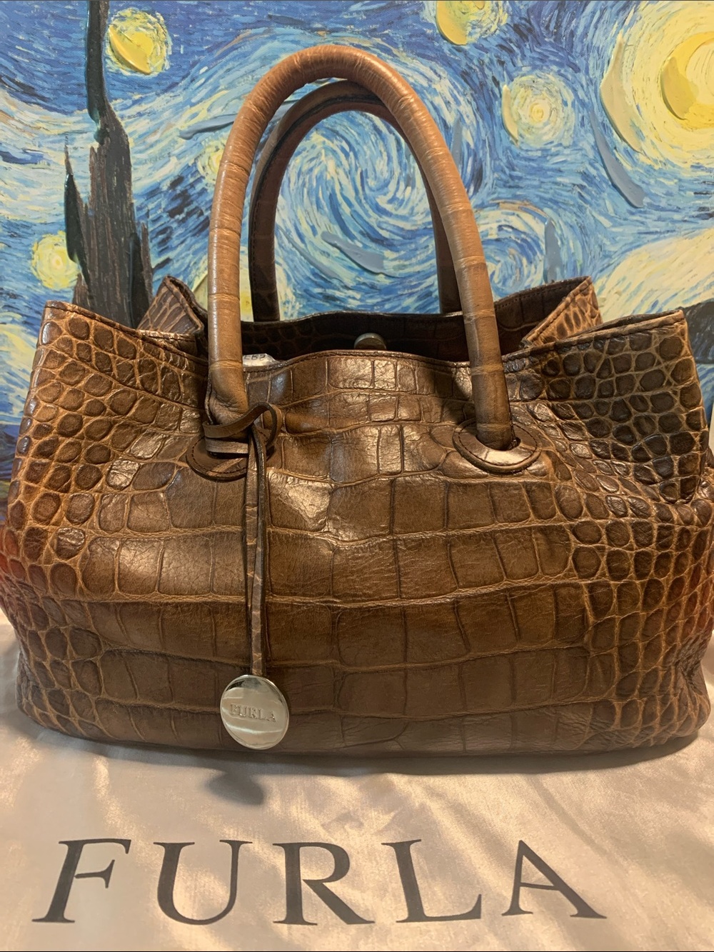 Furla Brown Croc-Embossed Satchel with Top Handles